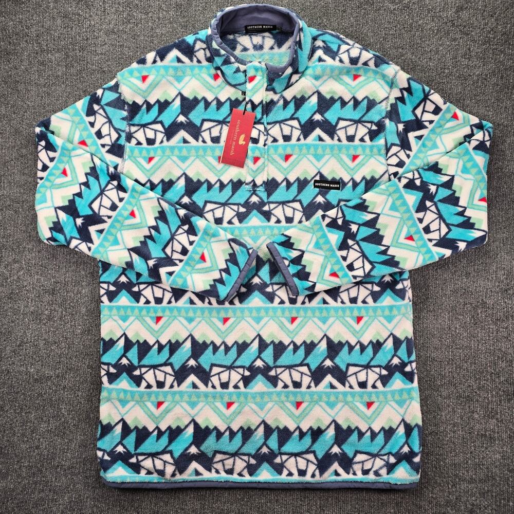 Southern Marsh Fairbanks Pullover Mens XL Teal White Aztec 1/4 Zip Fleece Casual